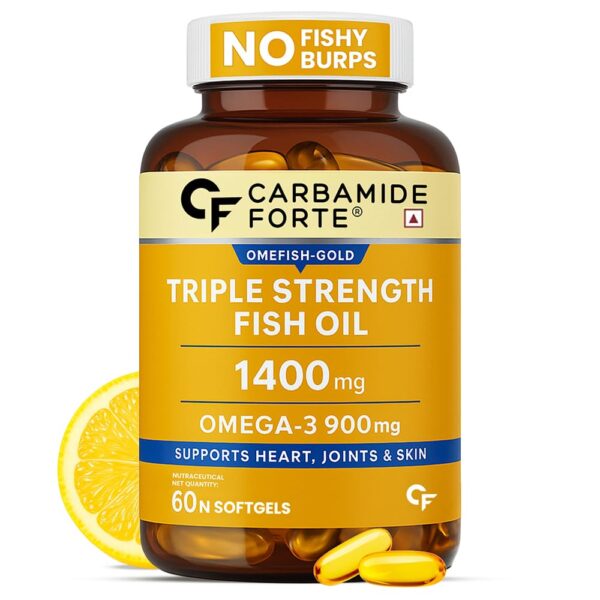 Carbamide Forte Triple Strength Omega 3 Fish Oil Capsules Softgel 1400mg | Fish Oil Omega 3 Supplement 900mg For Men & Women | Omega3 Supplement for Heart, Joints, Bones & Skin | 60 Softgel Capsules