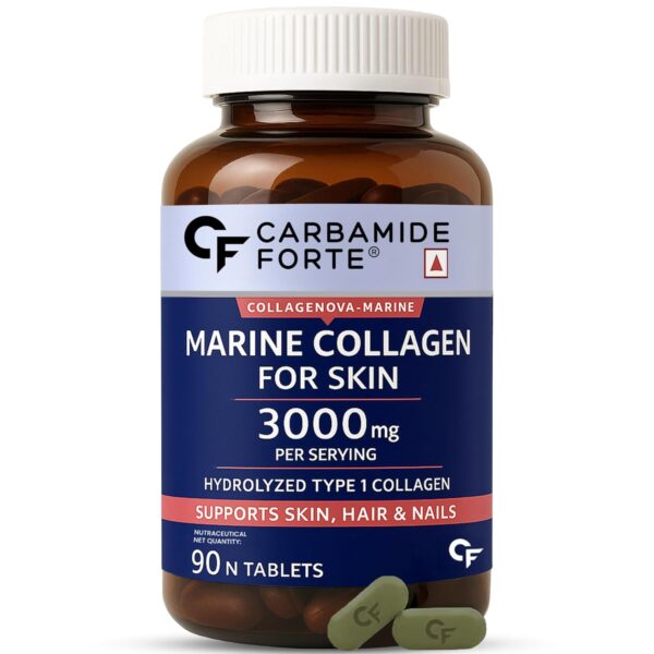 Carbamide Forte Marine Collagen Supplements For Skin & Hair | Marine Collagen Peptides For Women & Men | Hydrolyzed Type 1 Marine Peptides With Hyaluronic Acid, Vitamin C, E And Biotin To Support Skin, Nails And Bone Health Supplements | 90 Tablets